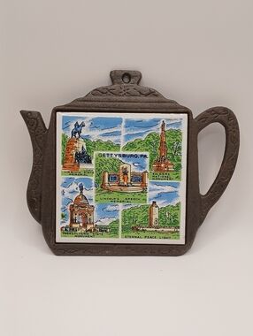 Vintage Cast Iron Tea Pot Trivet w/ Removable Ceramic Gettysburg Tile